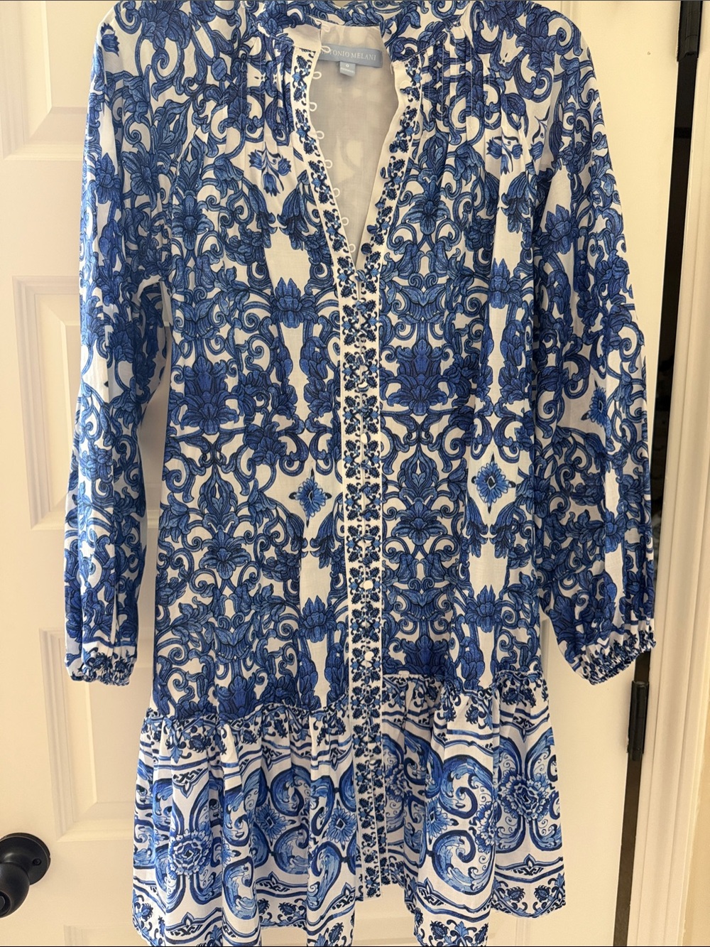 ANTONIO MELANI Blue and White Printed Long-Sleeve Mini Dress